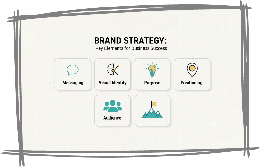 Infographic showing the key elements of a brand strategy for businesses