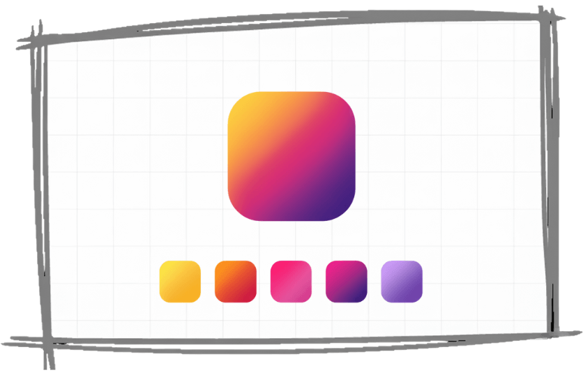 Instagram-inspired gradient icon with five matching colour swatches in yellow, orange, pink, magenta, and purple on a clean light background.