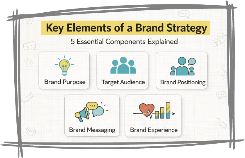 Infographic showing the key elements of a brand strategy