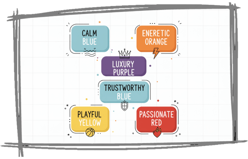 Infographic illustrating brand personality traits with corresponding colour families in a playful doodle style on an off-white textured background.
