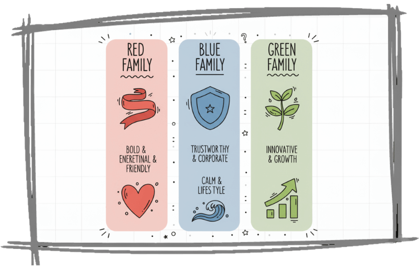 Side-by-side comparison graphic showing how different brands use similar colour families in unique ways, illustrated in a playful doodle style.