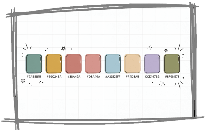 A mockup of a colour palette displaying multiple swatches with their hex codes in a clean and playful doodle style.