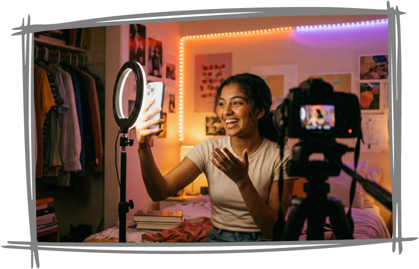 Young creator recording user-generated content (UGC) on a smartphone for a brand collaboration